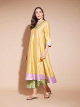 Viscose Colourblock Flared Kurta Set - Yellow & Green