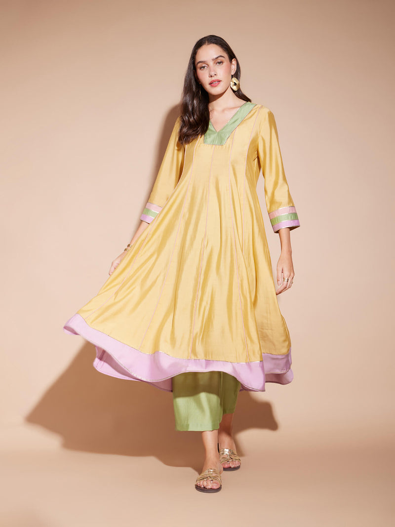 Viscose Colourblock Flared Kurta Set - Yellow & Green