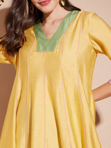 Viscose Colourblock Flared Kurta Set - Yellow & Green