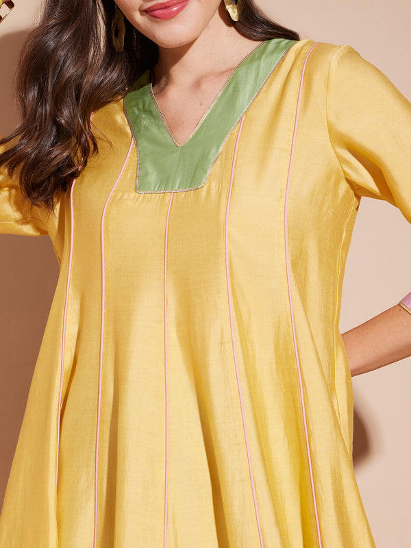 Viscose Colourblock Flared Kurta Set - Yellow & Green