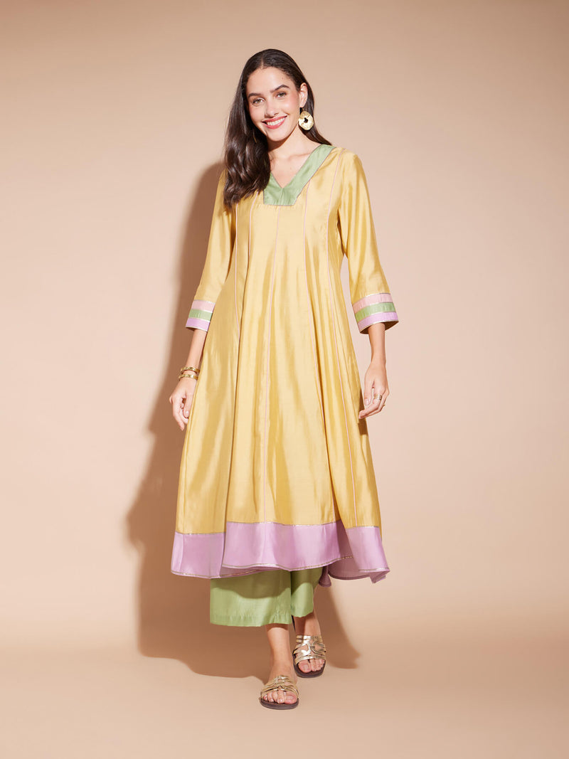 Viscose Colourblock Flared Kurta Set - Yellow & Green