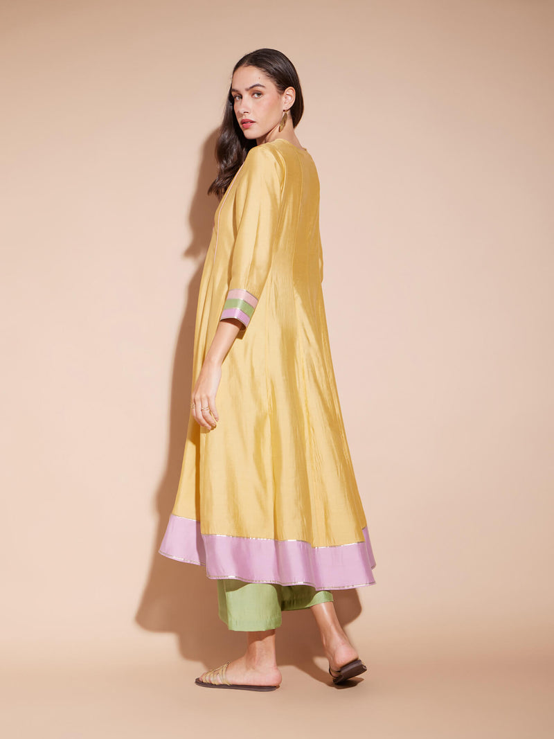 Viscose Colourblock Flared Kurta Set - Yellow & Green