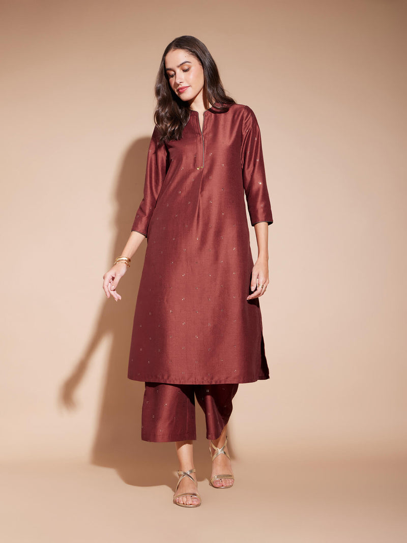 Viscose Ethnic Motif Kurta Set - Rust