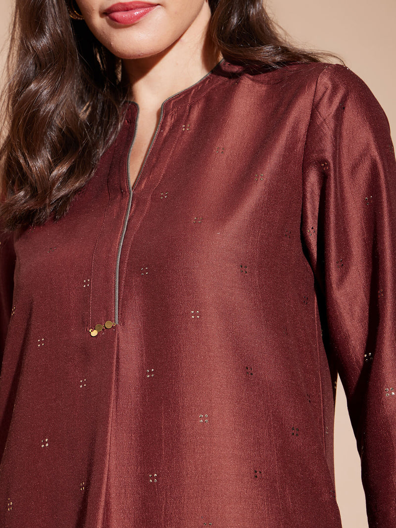 Viscose Ethnic Motif Kurta Set - Rust