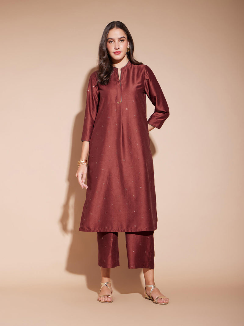 Viscose Ethnic Motif Kurta Set - Rust