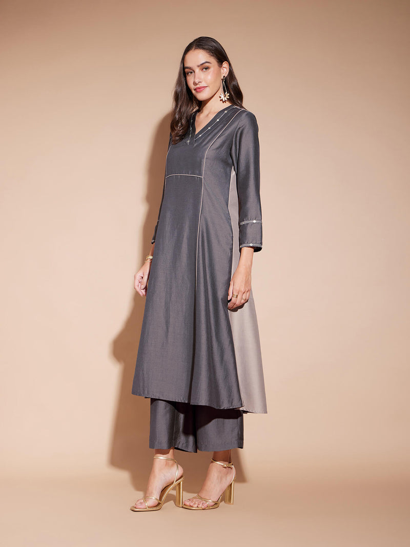 Viscose Colourblock A-Line Kurta Set - Grey