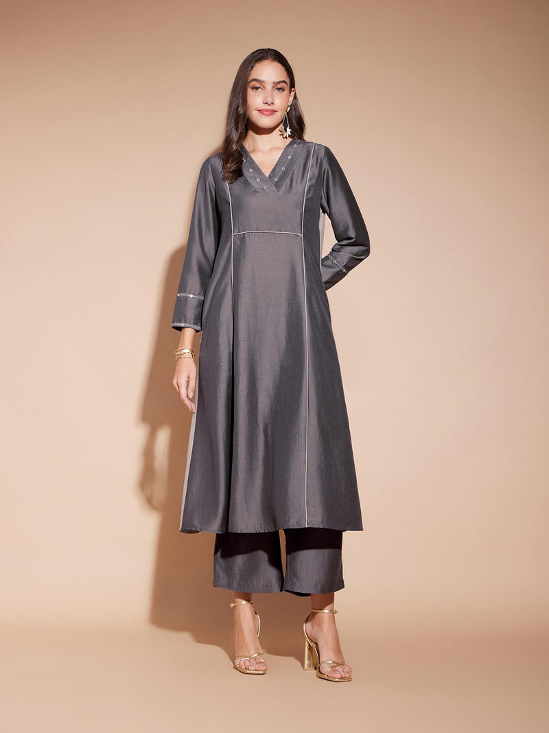 Viscose Colourblock A-Line Kurta Set - Grey