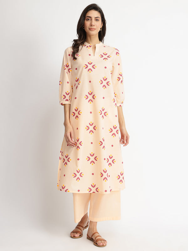 Cotton Floral Motif Kurta Set - Off-White & Red