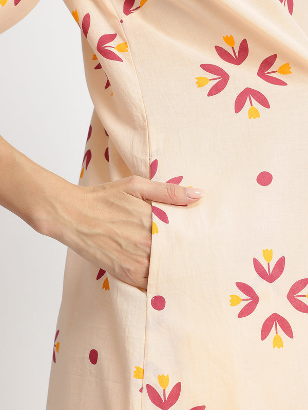 Cotton Floral Motif Kurta Set - Off-White & Red