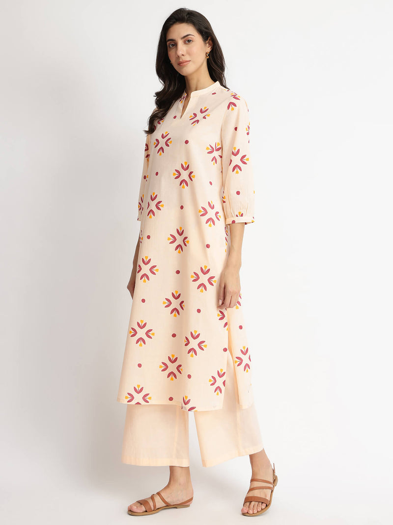 Cotton Floral Motif Kurta Set - Off-White & Red