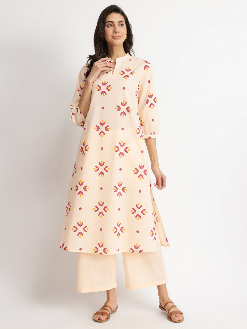 Cotton Floral Motif Kurta Set - Off-White & Red