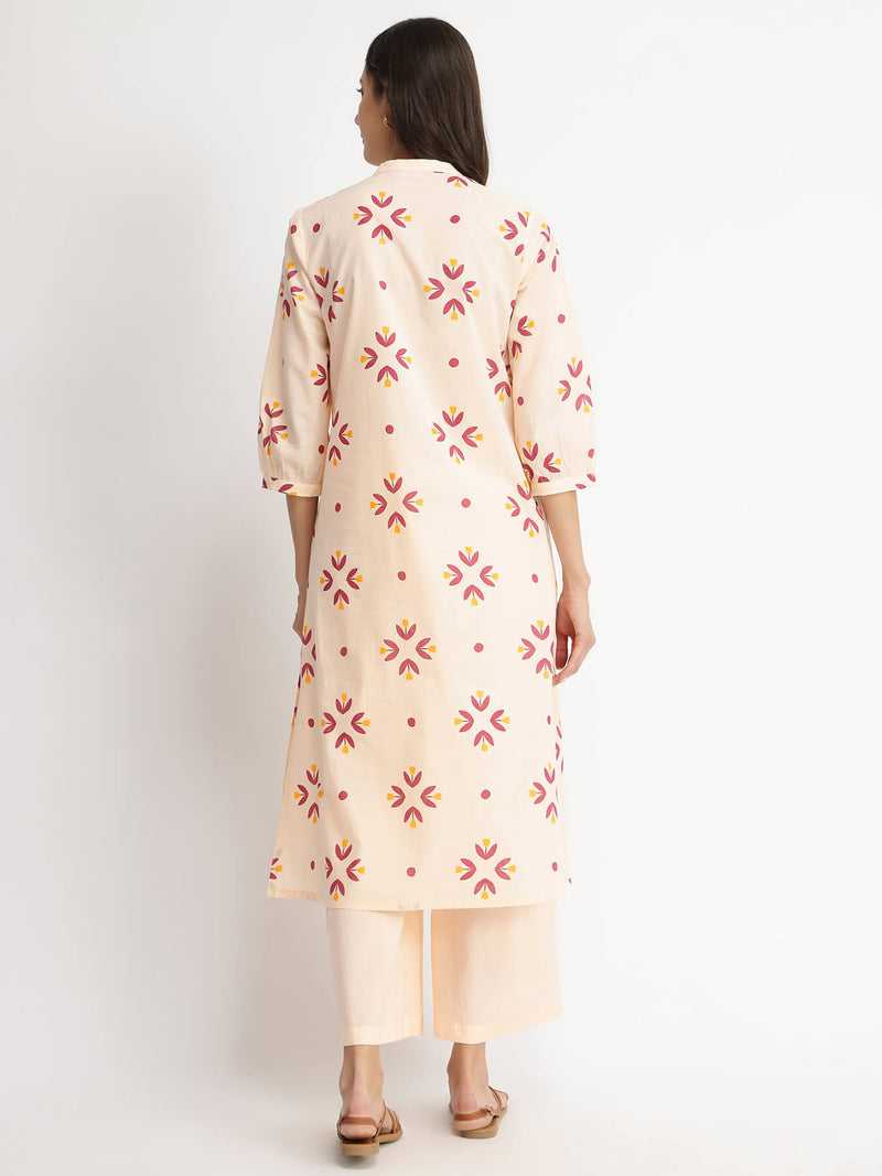 Cotton Floral Motif Kurta Set - Off-White & Red