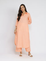 Cotton Solid Shirt Collar Kurta Set - Orange