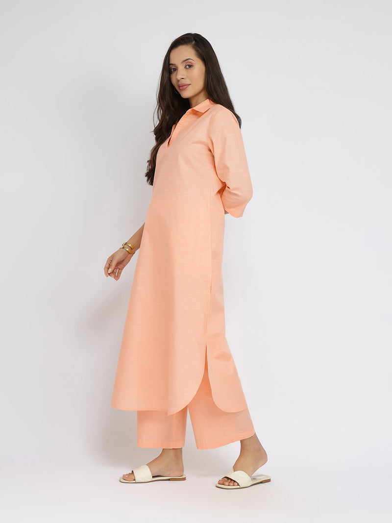 Cotton Solid Shirt Collar Kurta Set - Orange