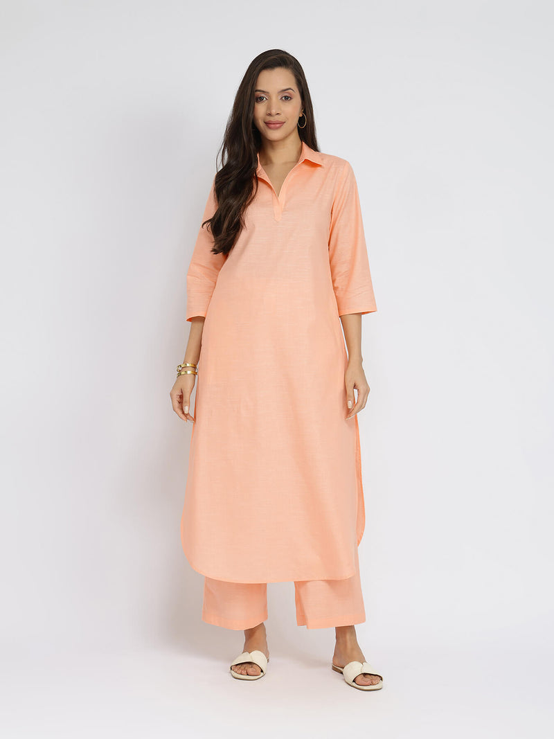 Cotton Solid Shirt Collar Kurta Set - Orange
