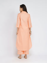 Cotton Solid Shirt Collar Kurta Set - Orange