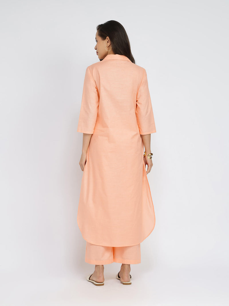 Cotton Solid Shirt Collar Kurta Set - Orange