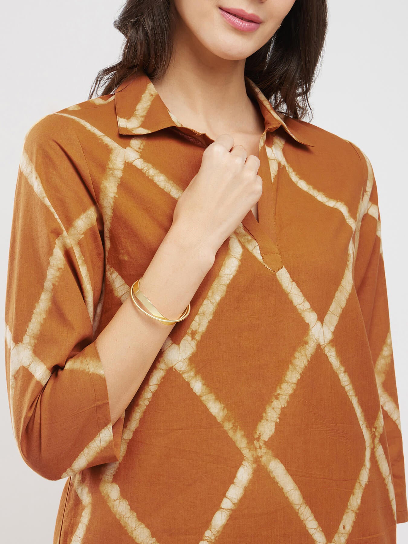 Cotton Dabu Geometric Kurta Set - Mustard