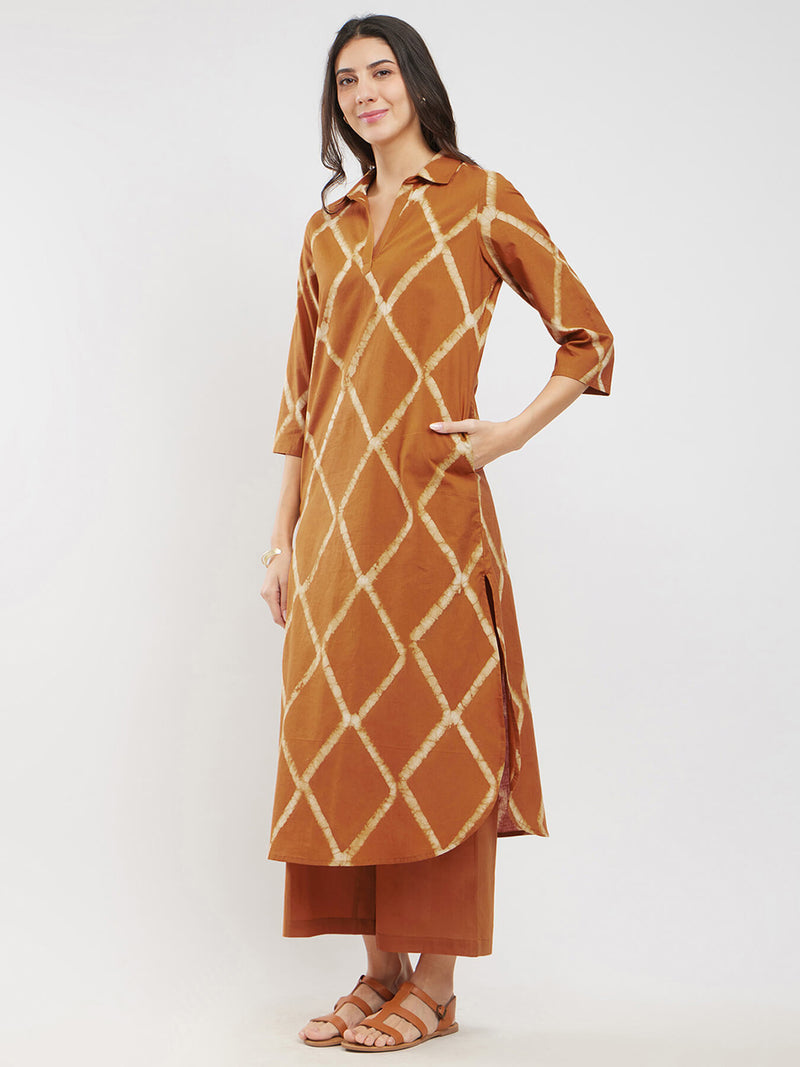 Cotton Dabu Geometric Kurta Set - Mustard