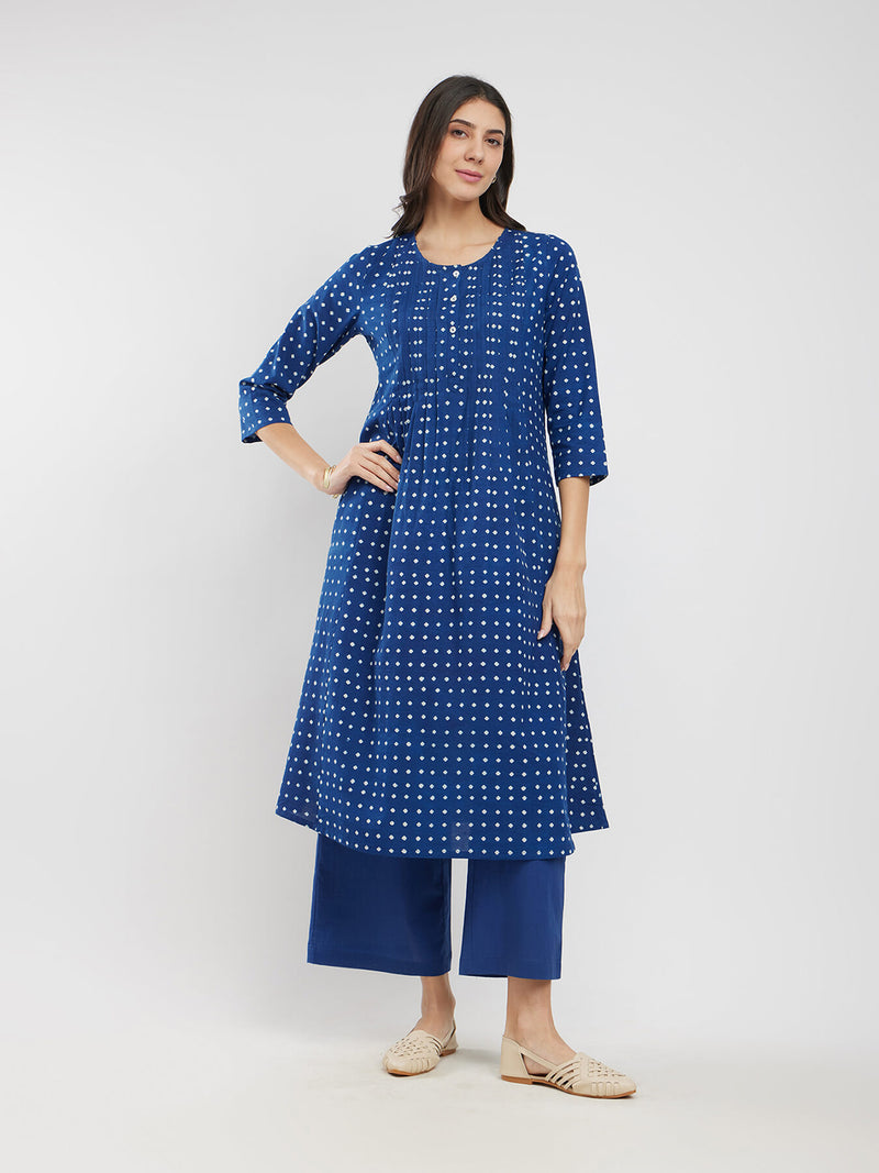 Cotton Dabu Polka Pintuck Kurta Set - Blue