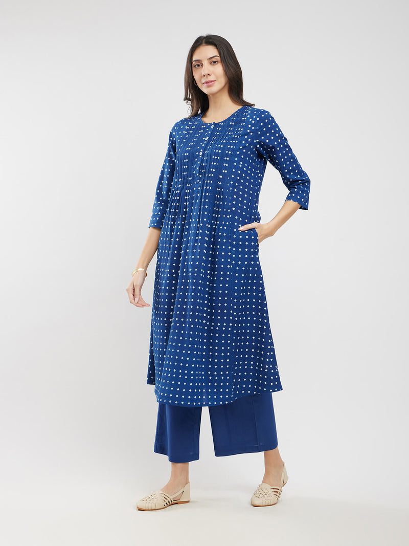 Cotton Dabu Polka Pintuck Kurta Set - Blue