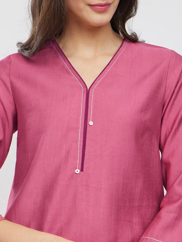 Silk Blend Colourblock A-Line Kurta Set - Pink