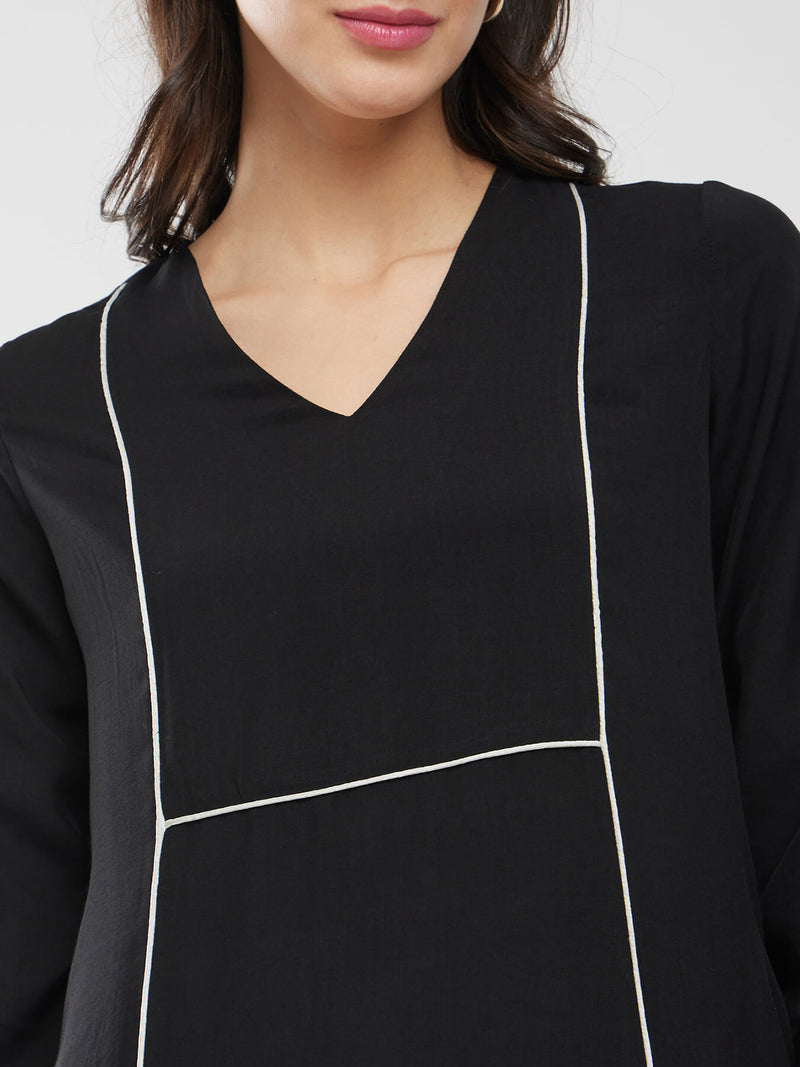 Rayon Solid Contrast Piping Kurta Set - Black
