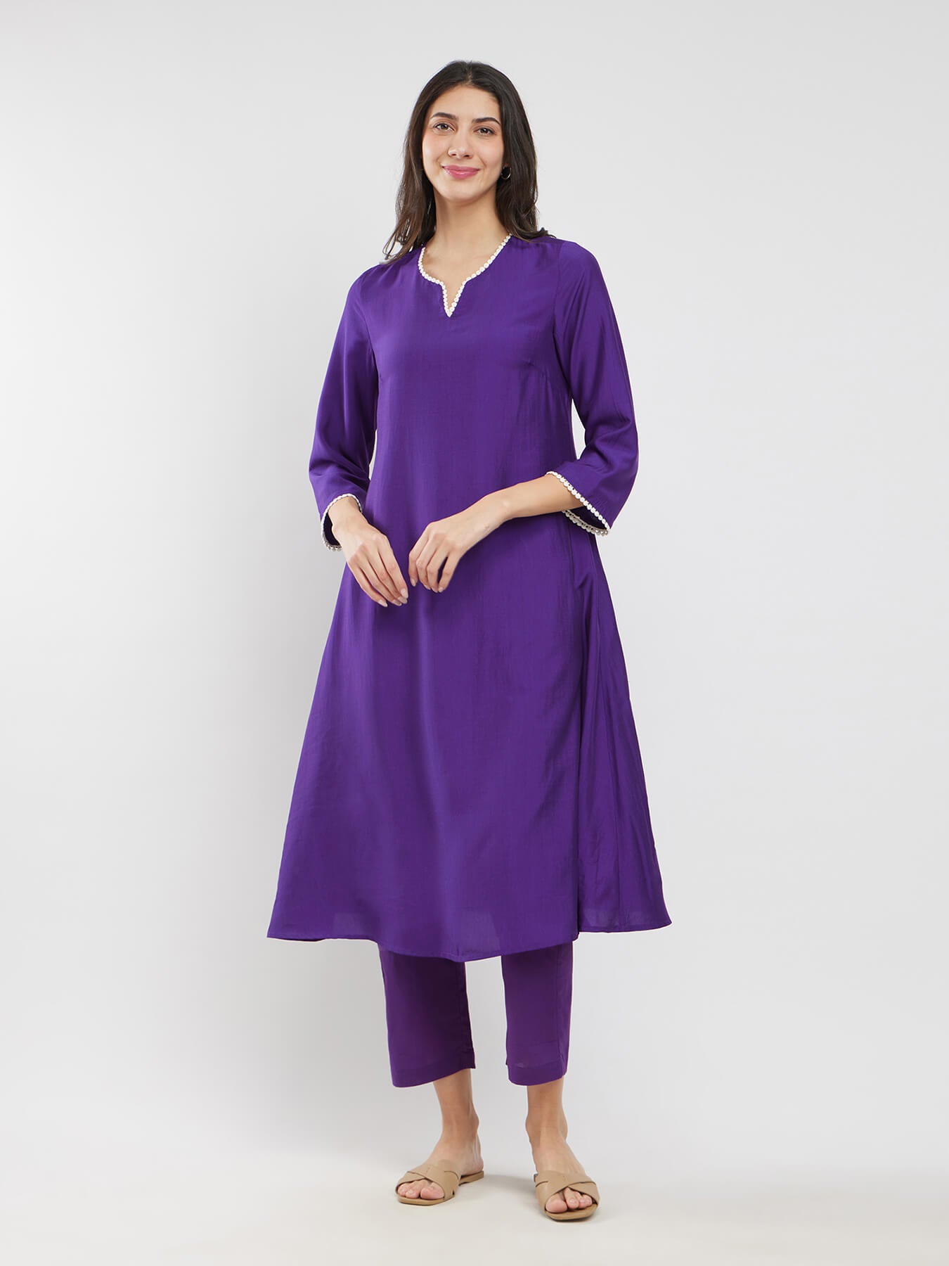 Rayon Solid Lace Detail Kurta Set - Purple