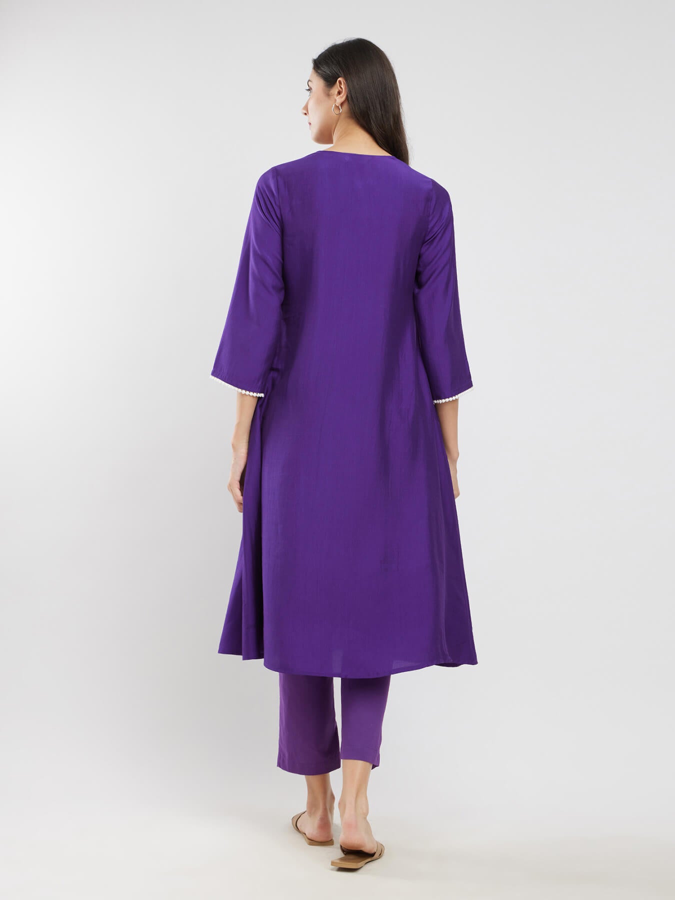 Rayon Solid Lace Detail Kurta Set - Purple