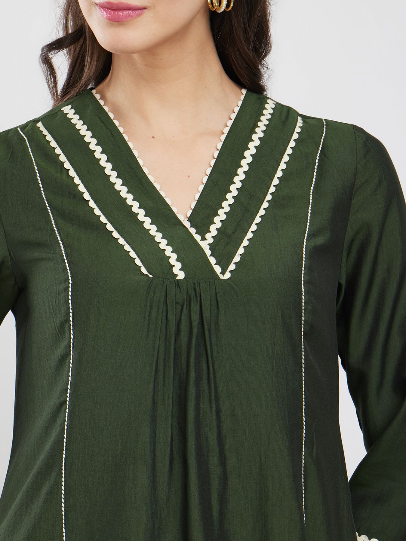 Rayon Solid Lace Detail Kurta Set - Olive