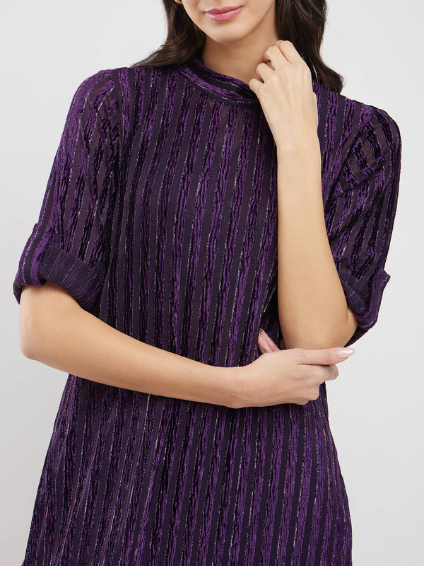 Velvet Striped Kurta Set - Purple