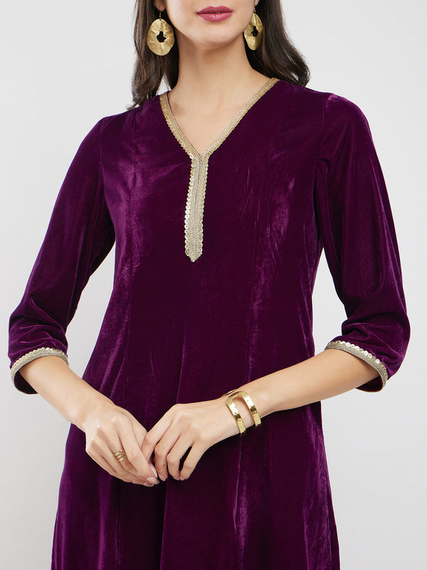 Velvet A-Line Kurta Set - Burgundy & Gold