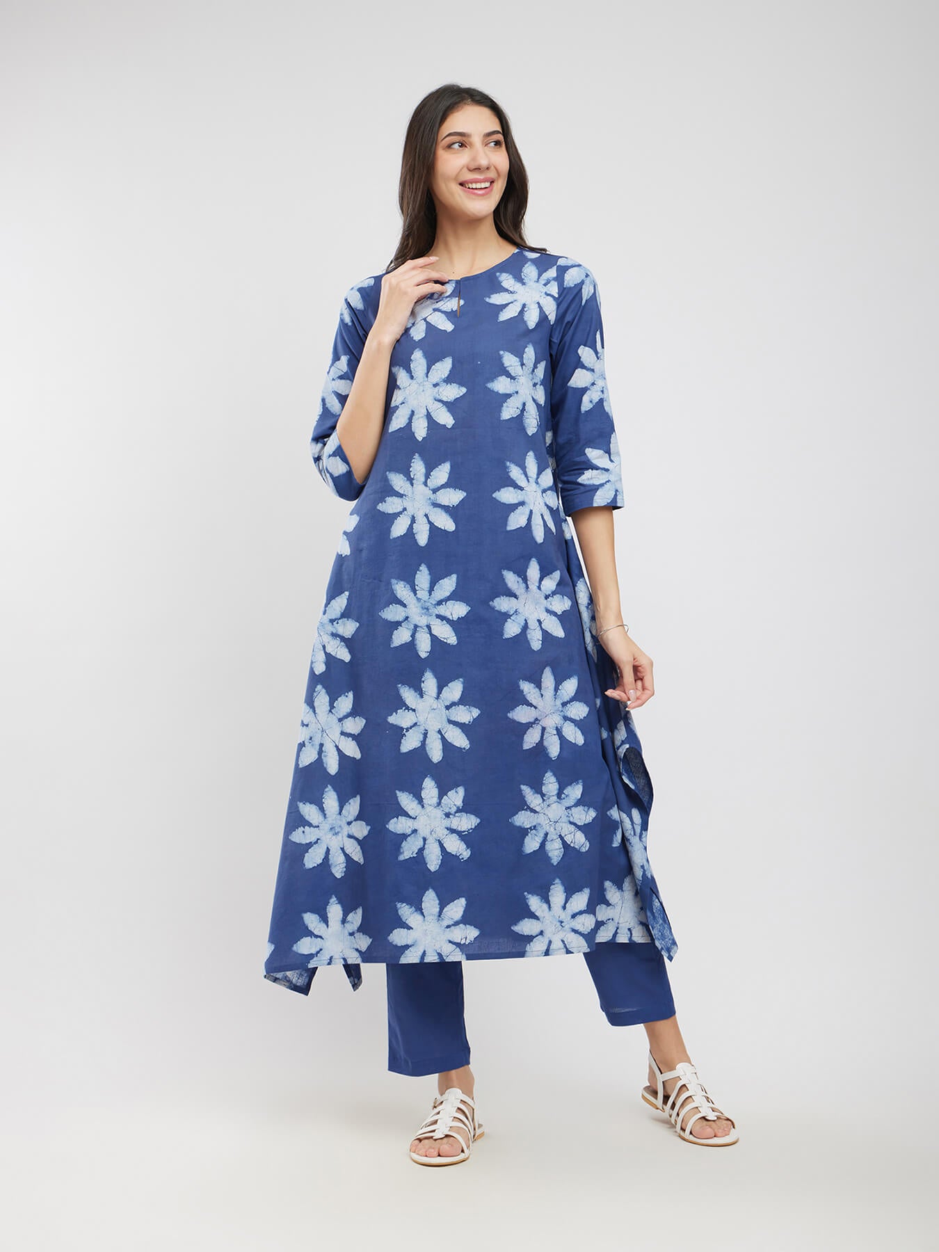 Cotton Dabu Floral Asymmetrical Kurta Set - Blue