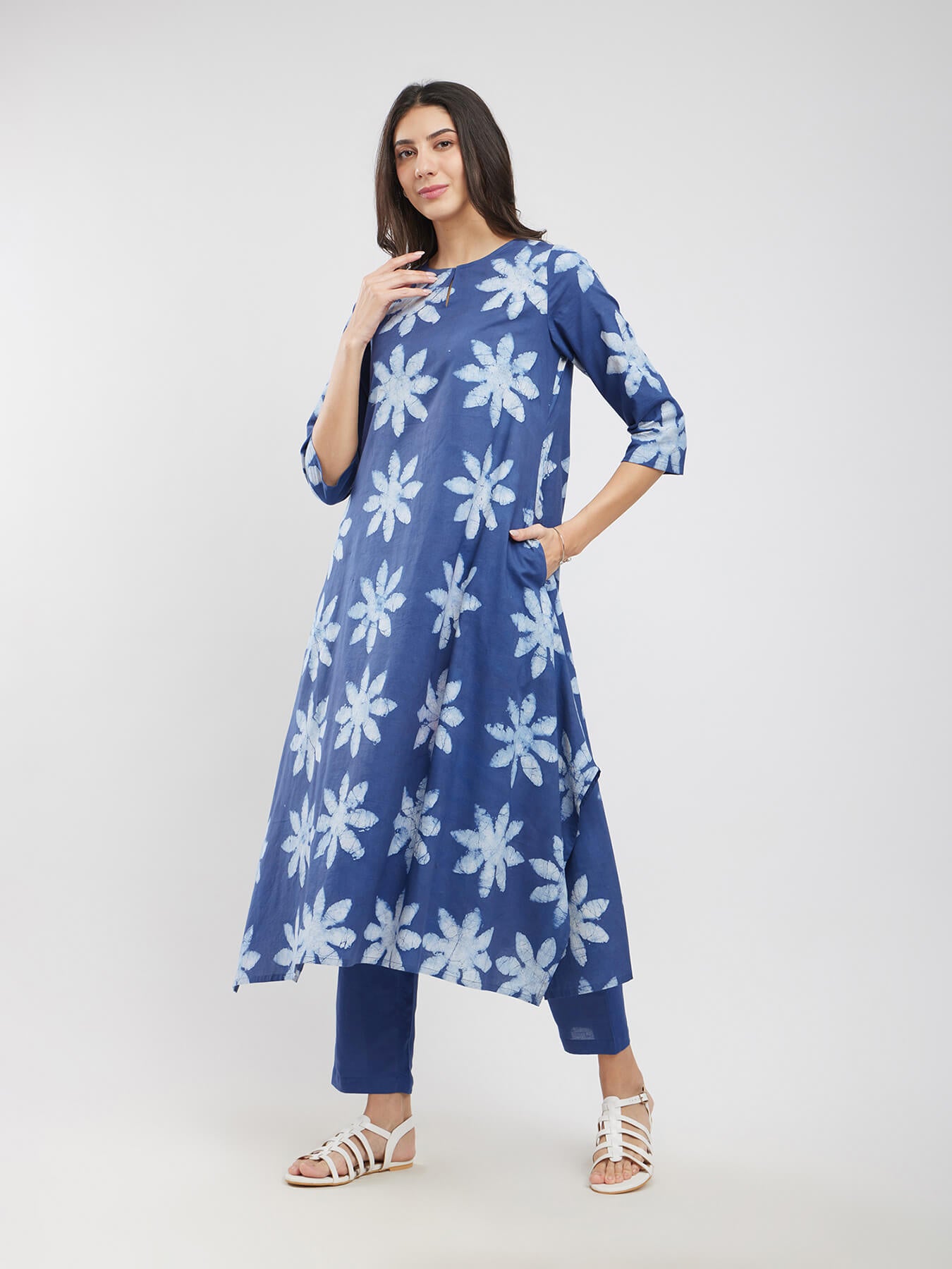 Cotton Dabu Floral Asymmetrical Kurta Set - Blue