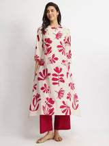 Cotton Floral Asymmetric Kurta Set - Off-White & Maroon