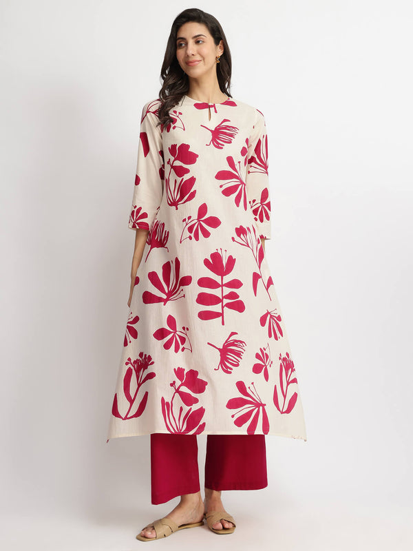Cotton Floral Asymmetric Kurta Set - Off-White & Maroon