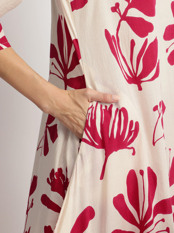 Cotton Floral Asymmetric Kurta Set - Off-White & Maroon