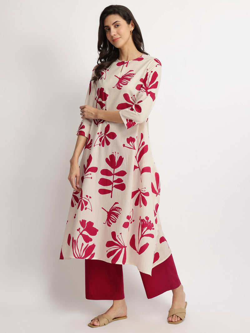 Cotton Floral Asymmetric Kurta Set - Off-White & Maroon