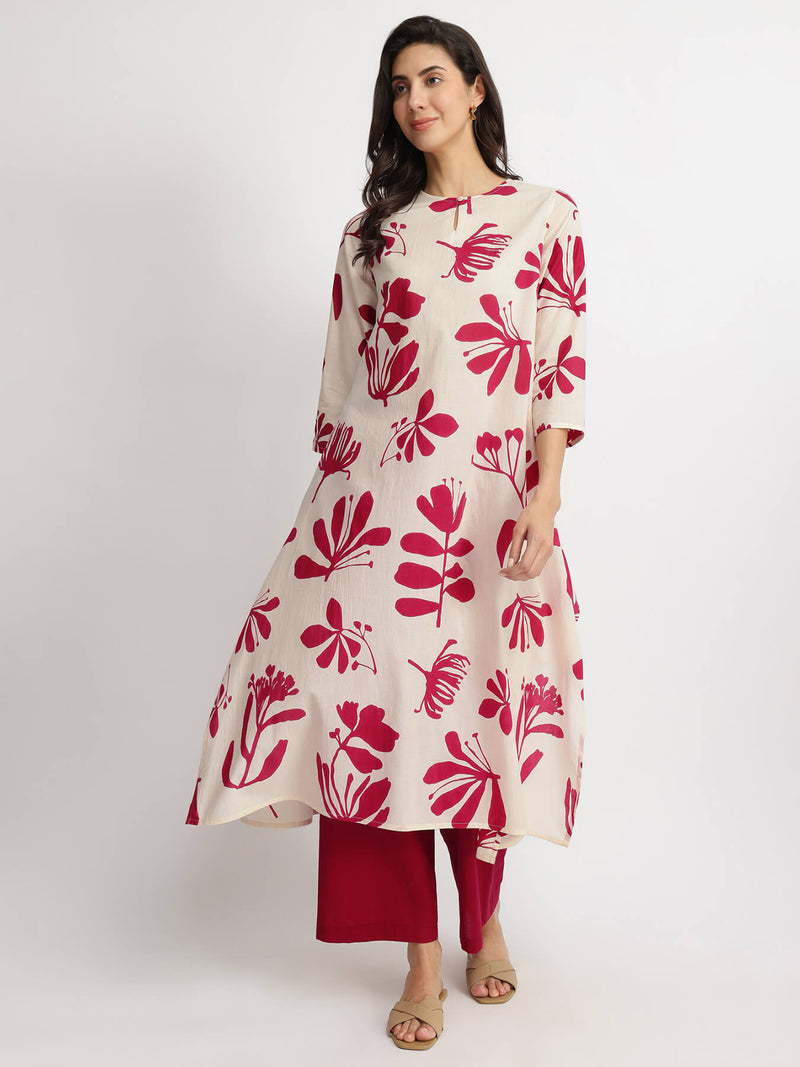 Cotton Floral Asymmetric Kurta Set - Off-White & Maroon