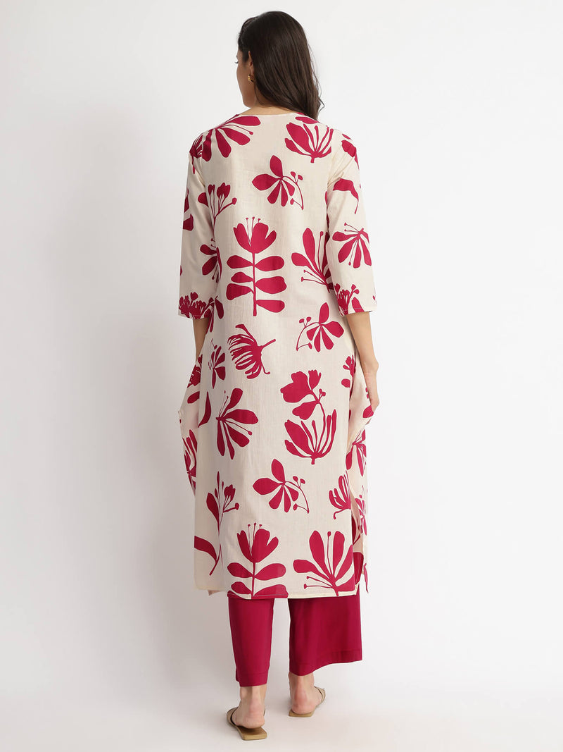 Cotton Floral Asymmetric Kurta Set - Off-White & Maroon