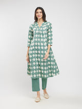 Cotton Dabu Abstract Print Kurta Set - Green