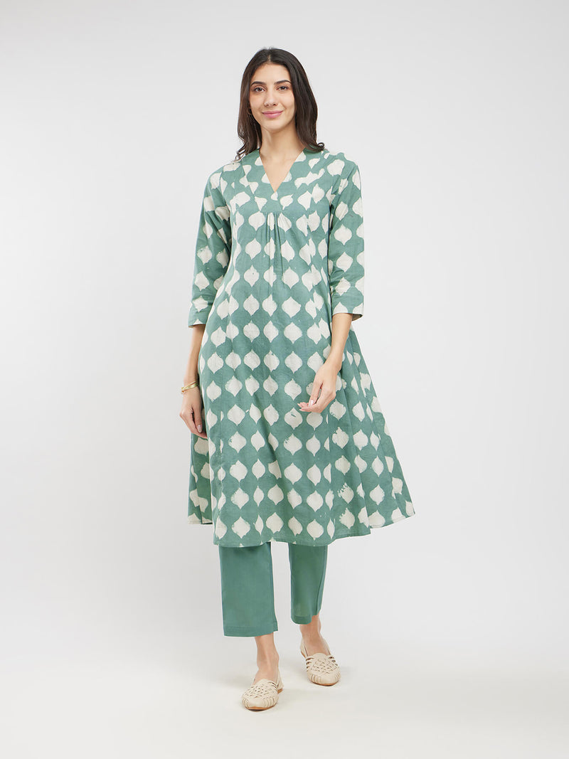 Cotton Dabu Abstract Print Kurta Set - Green