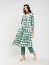 Cotton Dabu Abstract Print Kurta Set - Green