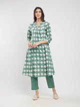 Cotton Dabu Abstract Print Kurta Set - Green