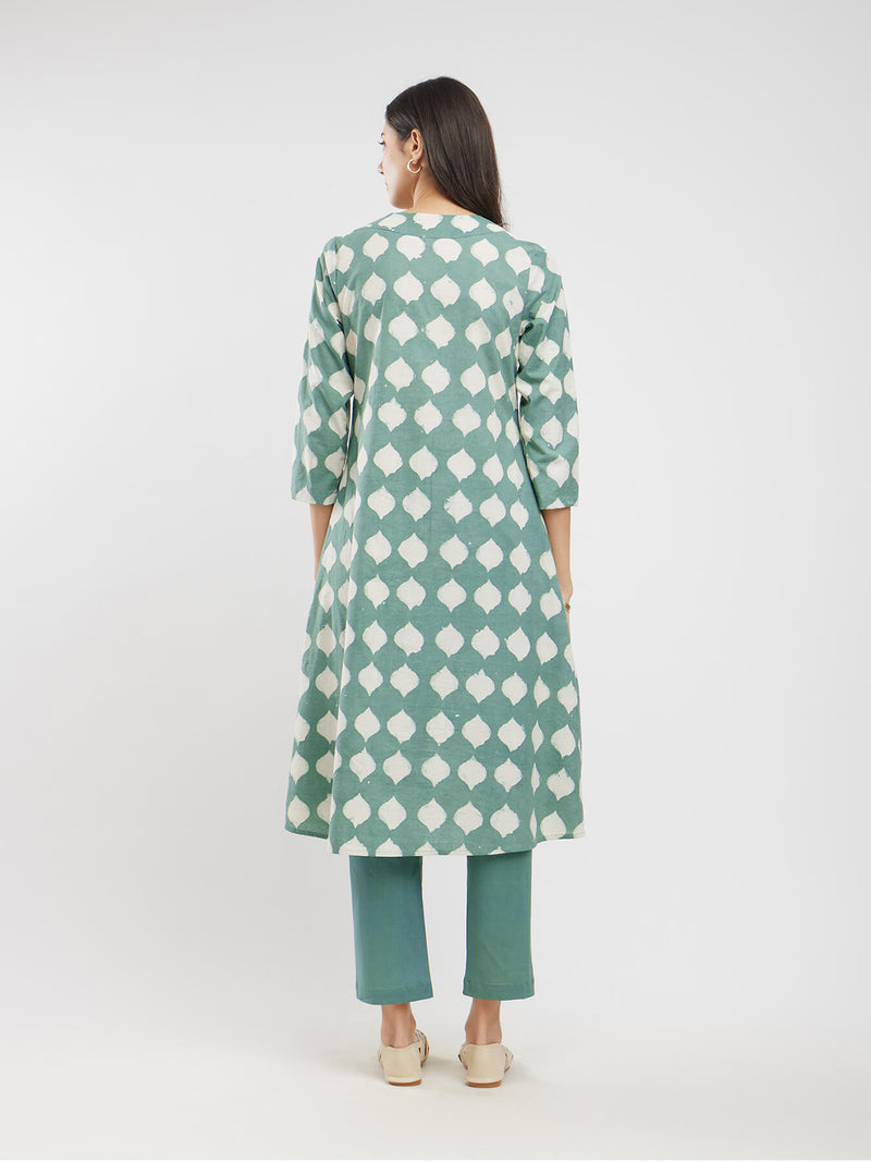 Cotton Dabu Abstract Print Kurta Set - Green