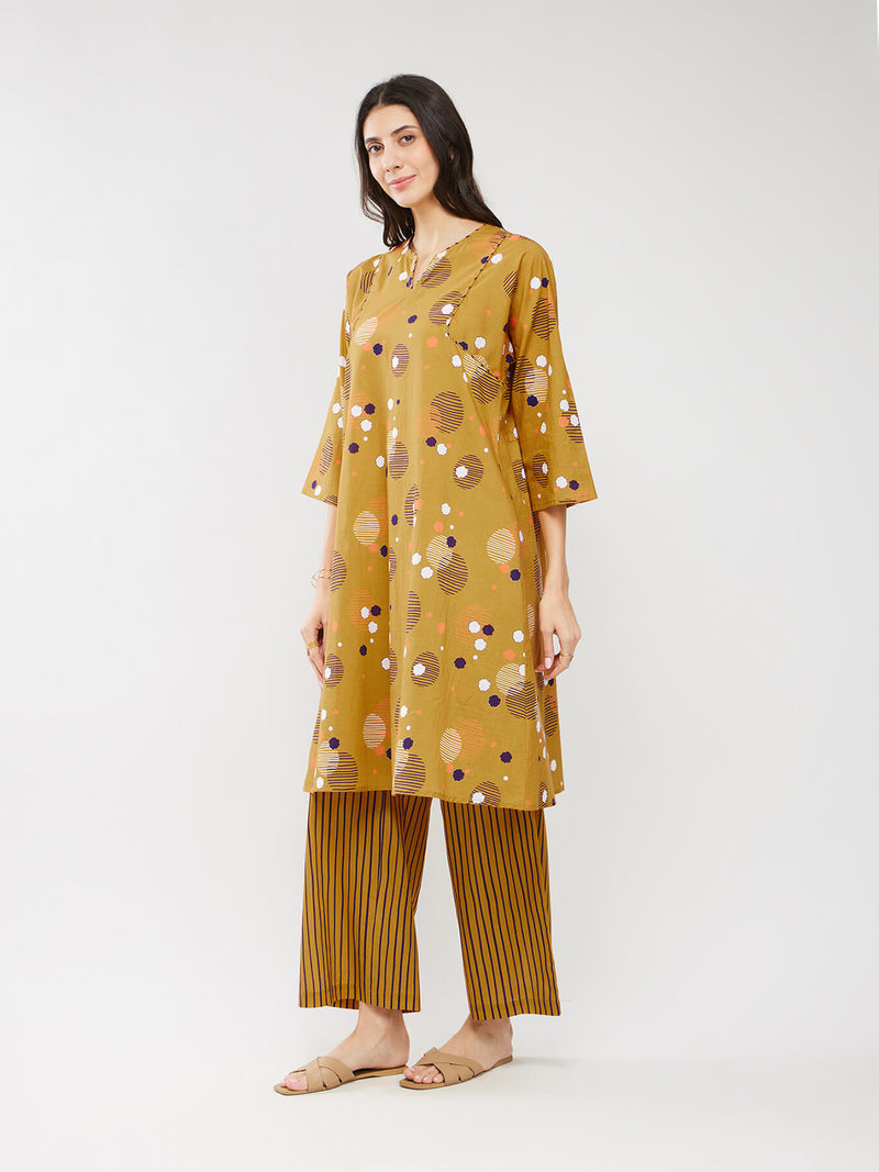 Cotton Print Play A-Line Kurta Set - Mustard