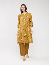 Cotton Print Play A-Line Kurta Set - Mustard