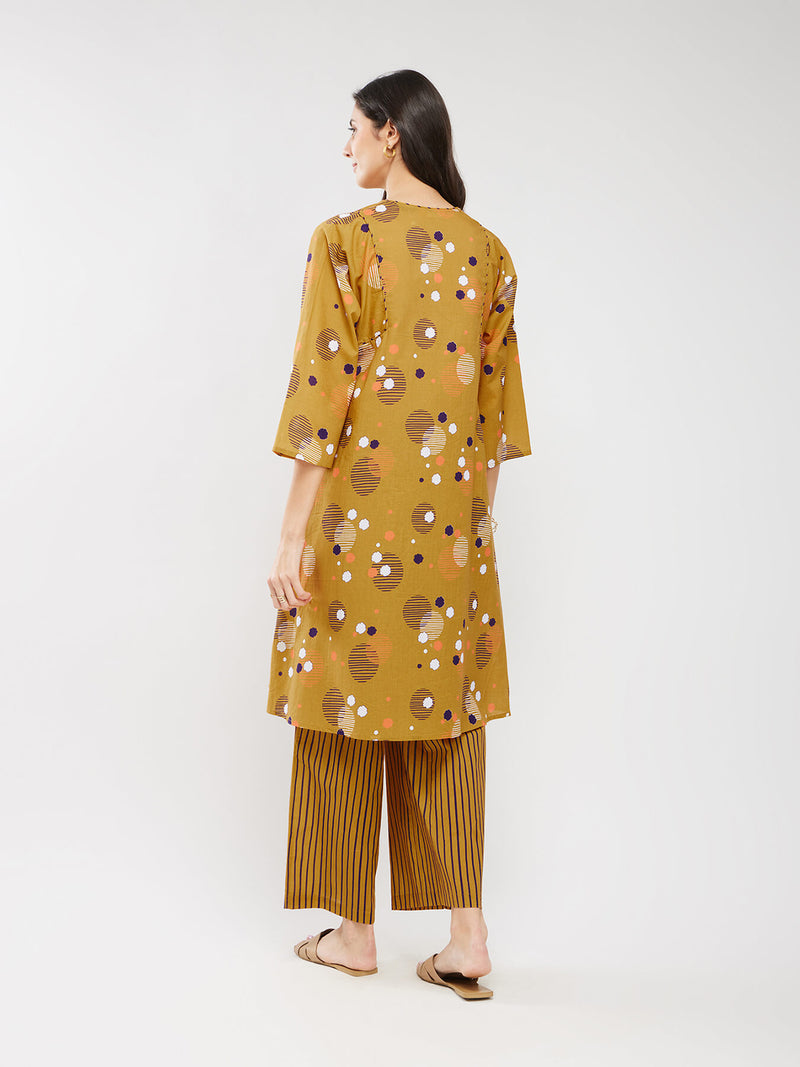 Cotton Print Play A-Line Kurta Set - Mustard