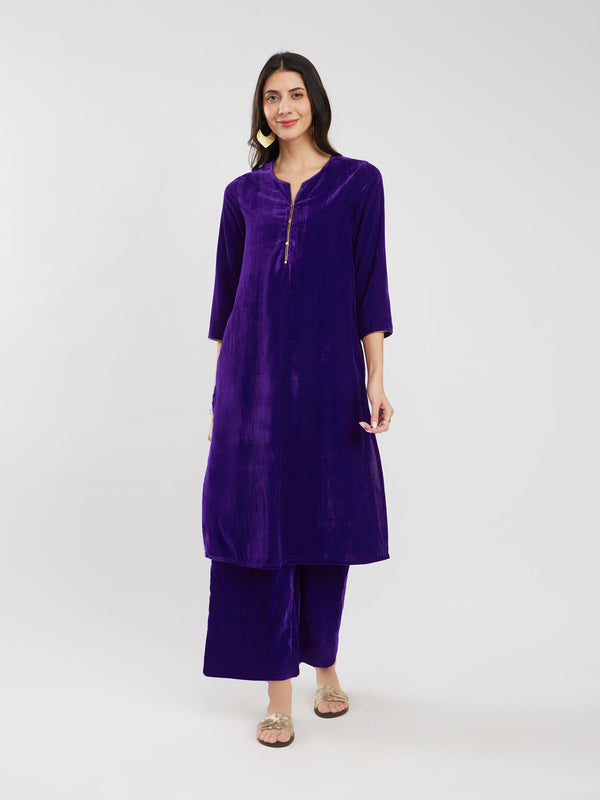 Velvet A-Line Kurta Set - Purple