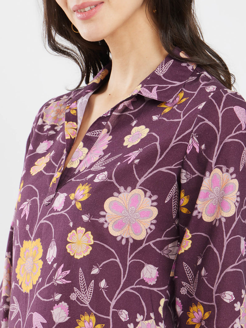 Cotton Floral A-Line Kurta Set - Purple